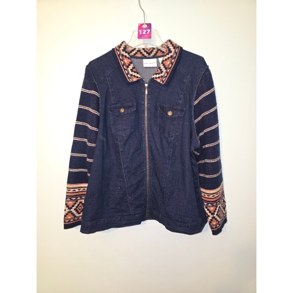 Alfred Dunner Womens Jacket Blue Denim Boho Zip Aztec Southwestern Plus Size 20